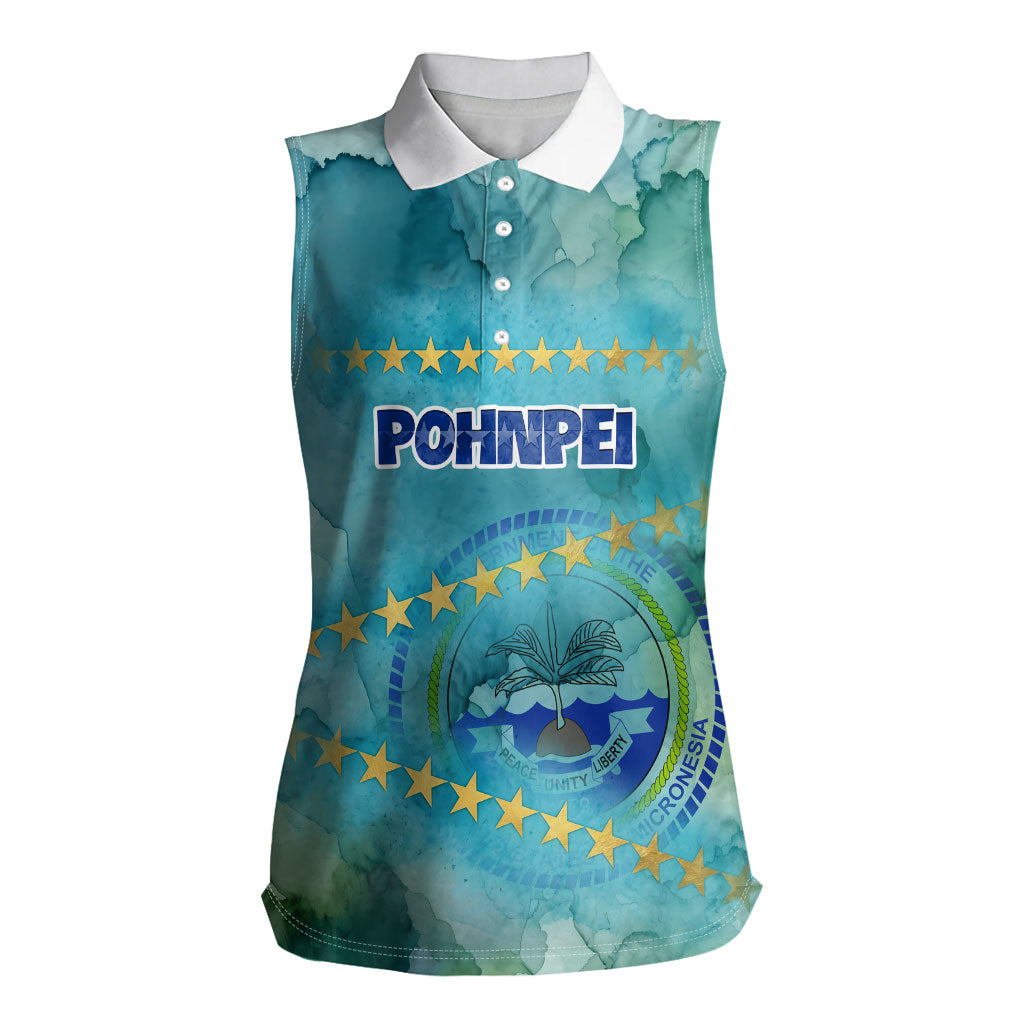 Pohnpei Federated States Of Micronesia Women Sleeveless Polo Shirt Watercolor Heritage Graphic Art With State Seal And Tropical Stars