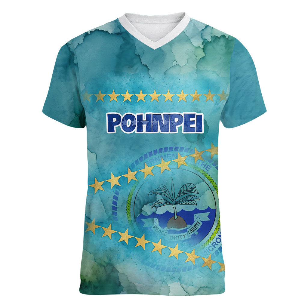 Pohnpei Federated States Of Micronesia Women V-Neck T-Shirt Watercolor Heritage Graphic Art With State Seal And Tropical Stars