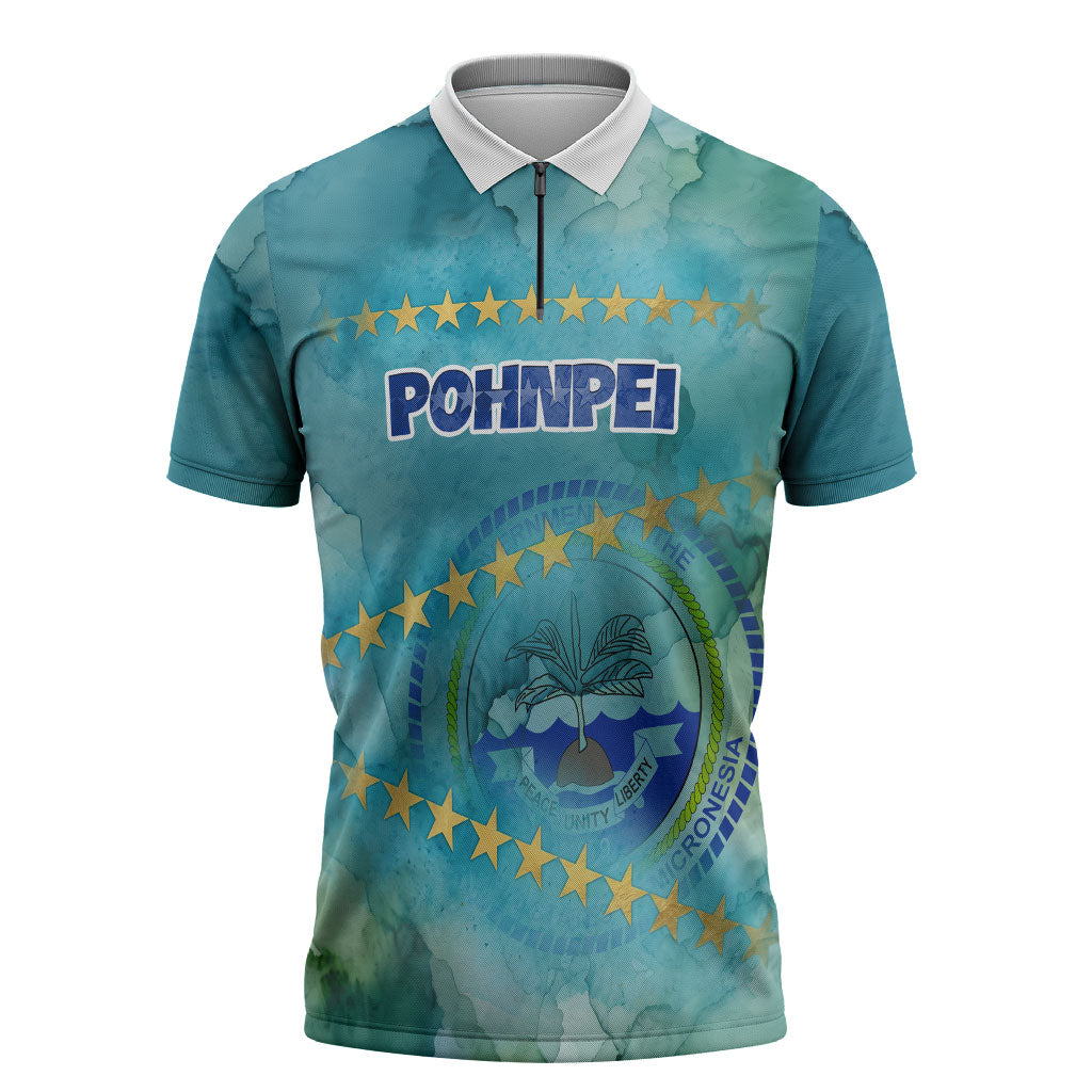 Pohnpei Federated States Of Micronesia Zipper Polo Shirt Watercolor Heritage Graphic Art With State Seal And Tropical Stars
