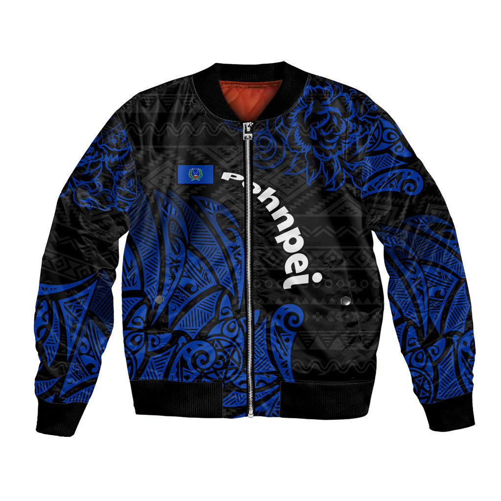 Pohnpei Federated States Of Micronesia Bomber Jacket Polynesian Tribal Heritage Art With Blue Island Tattoo Patterns