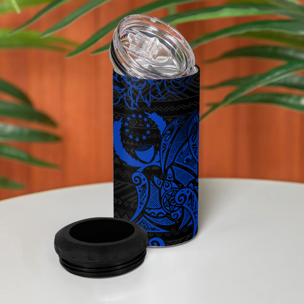 Pohnpei Federated States Of Micronesia 4 in 1 Can Cooler Tumbler Polynesian Tribal Heritage Art With Blue Island Tattoo Patterns