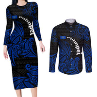 Pohnpei Federated States Of Micronesia Couples Matching Long Sleeve Bodycon Dress and Long Sleeve Button Shirt Polynesian Tribal Heritage Art With Blue Island Tattoo Patterns TS04 Black Blue - Polynesian Pride