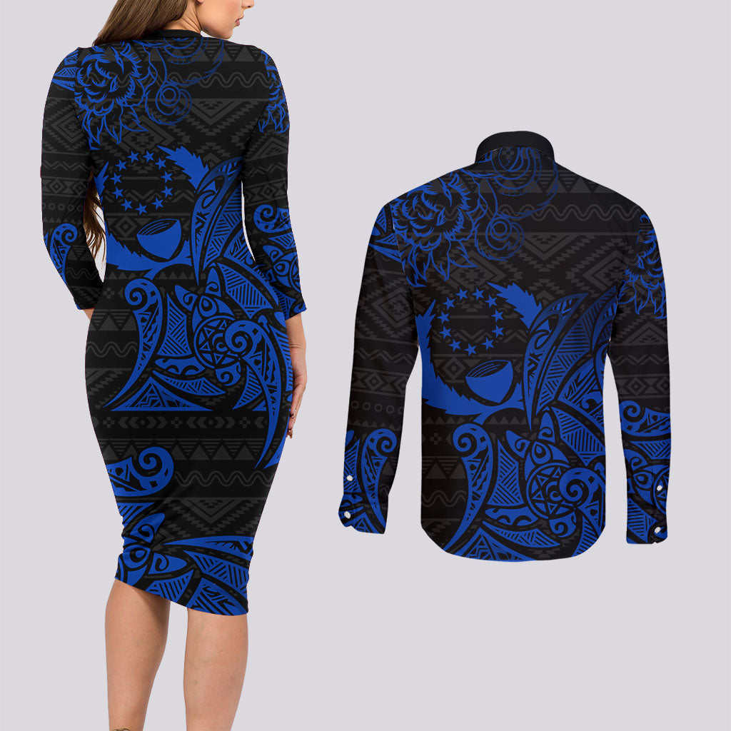 Pohnpei Federated States Of Micronesia Couples Matching Long Sleeve Bodycon Dress and Long Sleeve Button Shirt Polynesian Tribal Heritage Art With Blue Island Tattoo Patterns TS04 - Polynesian Pride