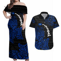 Pohnpei Federated States Of Micronesia Couples Matching Off Shoulder Maxi Dress and Hawaiian Shirt Polynesian Tribal Heritage Art With Blue Island Tattoo Patterns TS04 Black Blue - Polynesian Pride