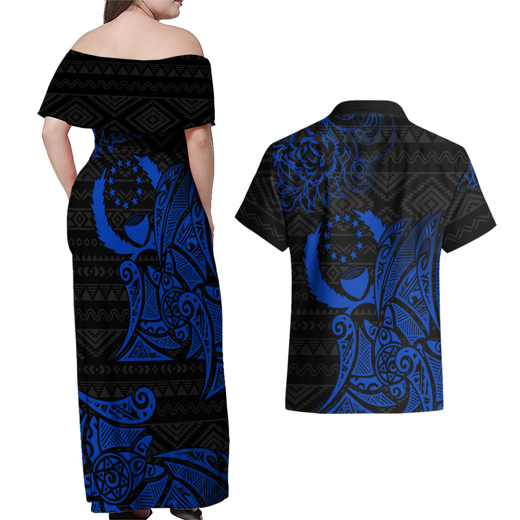 Pohnpei Federated States Of Micronesia Couples Matching Off Shoulder Maxi Dress and Hawaiian Shirt Polynesian Tribal Heritage Art With Blue Island Tattoo Patterns TS04 - Polynesian Pride