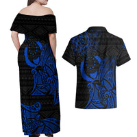 Pohnpei Federated States Of Micronesia Couples Matching Off Shoulder Maxi Dress and Hawaiian Shirt Polynesian Tribal Heritage Art With Blue Island Tattoo Patterns TS04 - Polynesian Pride