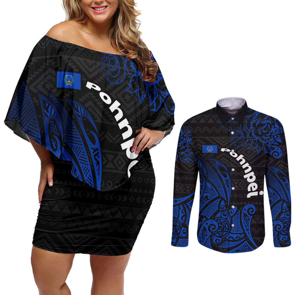 Pohnpei Federated States Of Micronesia Couples Matching Off Shoulder Short Dress and Long Sleeve Button Shirt Polynesian Tribal Heritage Art With Blue Island Tattoo Patterns