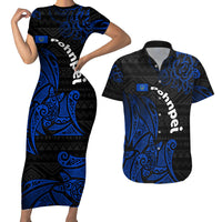 Pohnpei Federated States Of Micronesia Couples Matching Short Sleeve Bodycon Dress and Hawaiian Shirt Polynesian Tribal Heritage Art With Blue Island Tattoo Patterns