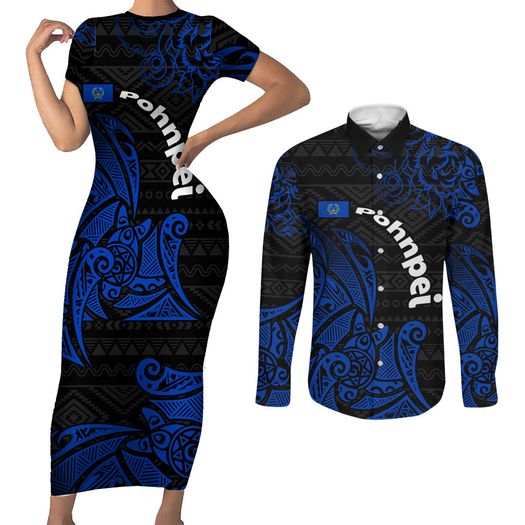 Pohnpei Federated States Of Micronesia Couples Matching Short Sleeve Bodycon Dress and Long Sleeve Button Shirt Polynesian Tribal Heritage Art With Blue Island Tattoo Patterns