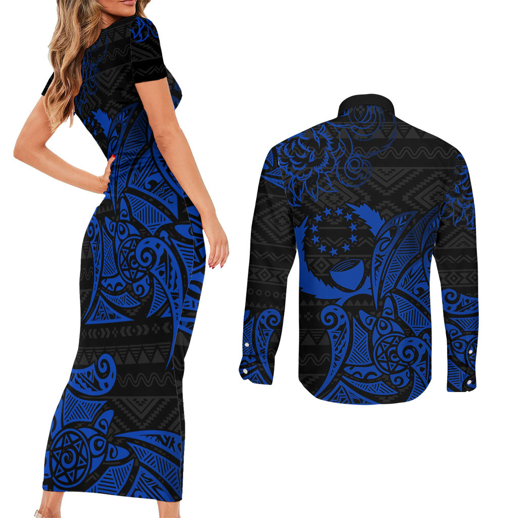 Pohnpei Federated States Of Micronesia Couples Matching Short Sleeve Bodycon Dress and Long Sleeve Button Shirt Polynesian Tribal Heritage Art With Blue Island Tattoo Patterns TS04 - Polynesian Pride