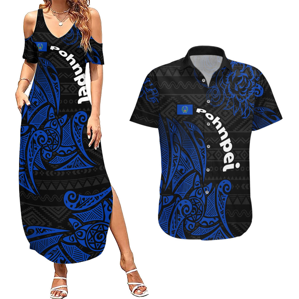 Pohnpei Federated States Of Micronesia Couples Matching Summer Maxi Dress and Hawaiian Shirt Polynesian Tribal Heritage Art With Blue Island Tattoo Patterns TS04 Black Blue - Polynesian Pride