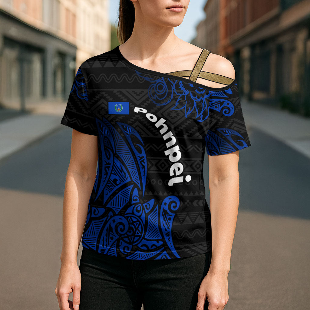 Pohnpei Federated States Of Micronesia Cross Shoulder Shirt Polynesian Tribal Heritage Art With Blue Island Tattoo Patterns