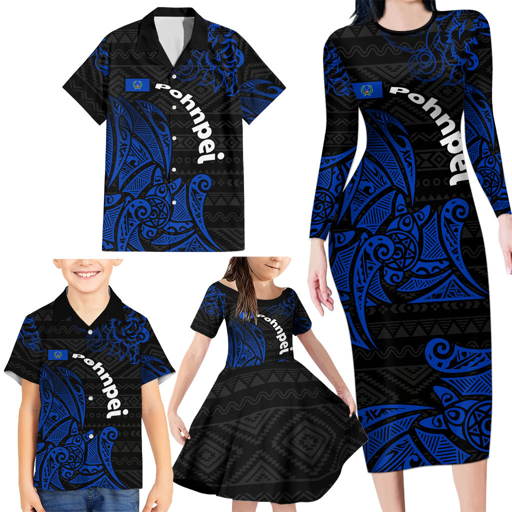 Pohnpei Federated States Of Micronesia Family Matching Long Sleeve Bodycon Dress and Hawaiian Shirt Polynesian Tribal Heritage Art With Blue Island Tattoo Patterns