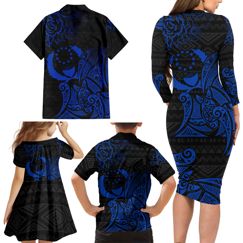 Pohnpei Federated States Of Micronesia Family Matching Long Sleeve Bodycon Dress and Hawaiian Shirt Polynesian Tribal Heritage Art With Blue Island Tattoo Patterns