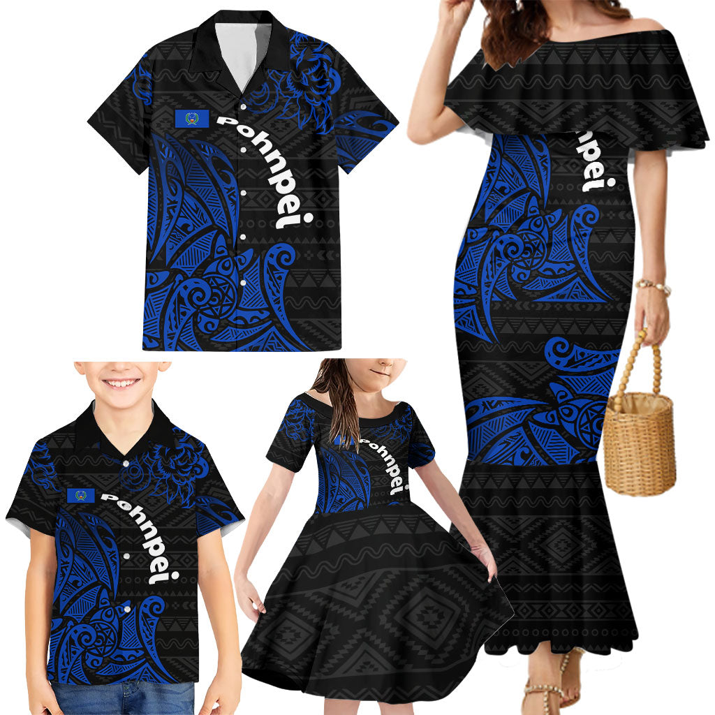 Pohnpei Federated States Of Micronesia Family Matching Mermaid Dress and Hawaiian Shirt Polynesian Tribal Heritage Art With Blue Island Tattoo Patterns