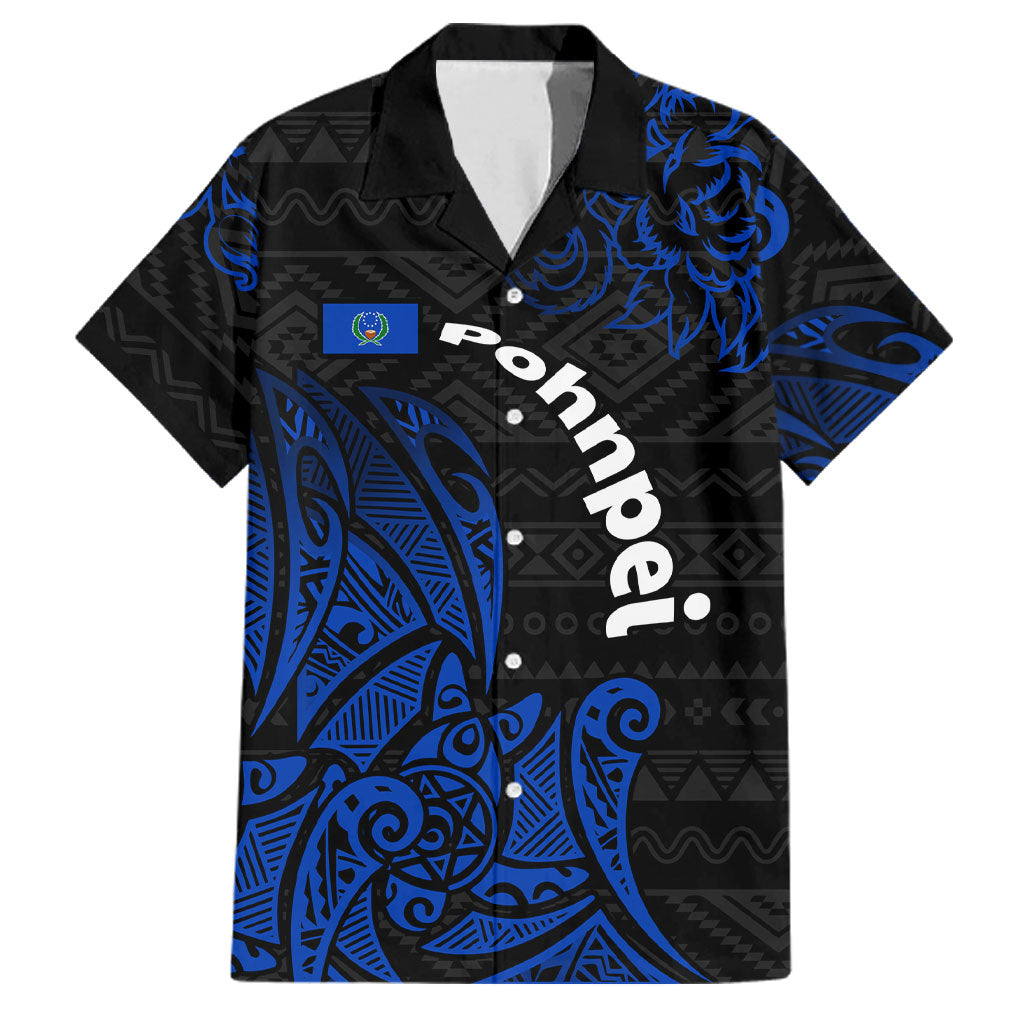 Pohnpei Federated States Of Micronesia Family Matching Off The Shoulder Long Sleeve Dress and Hawaiian Shirt Polynesian Tribal Heritage Art With Blue Island Tattoo Patterns