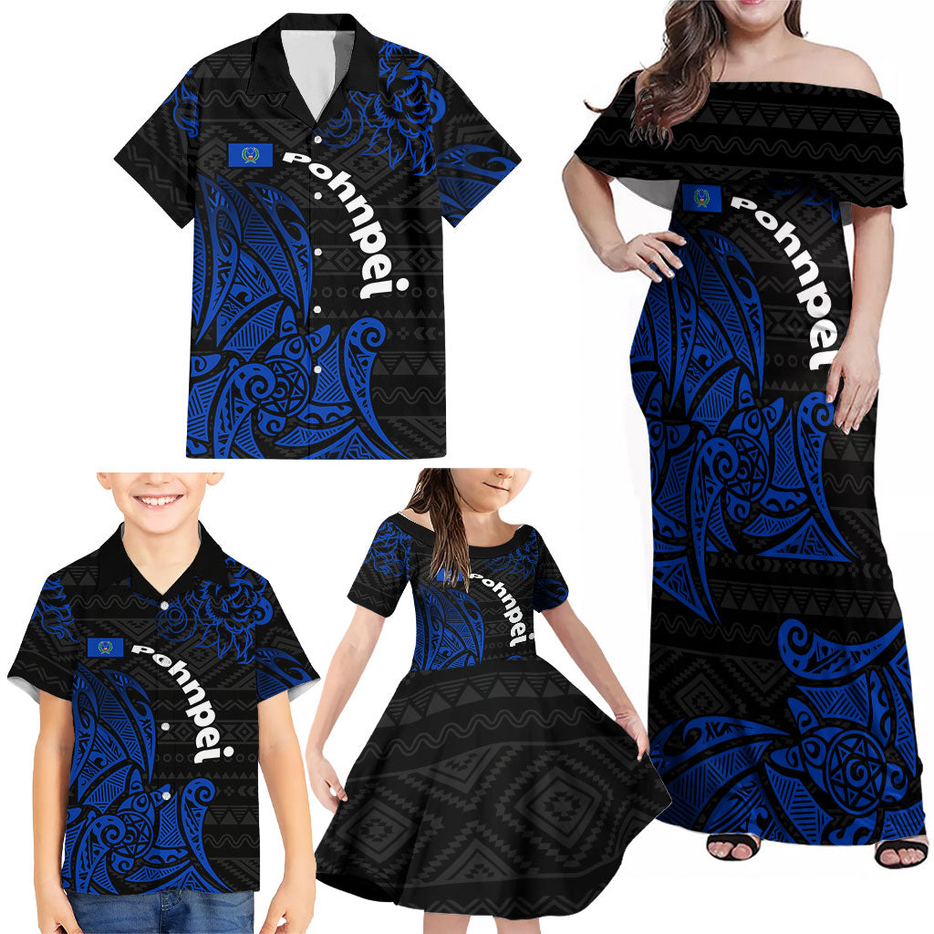 Pohnpei Federated States Of Micronesia Family Matching Off Shoulder Maxi Dress and Hawaiian Shirt Polynesian Tribal Heritage Art With Blue Island Tattoo Patterns