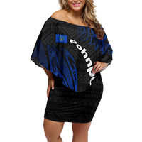 Pohnpei Federated States Of Micronesia Family Matching Off Shoulder Short Dress and Hawaiian Shirt Polynesian Tribal Heritage Art With Blue Island Tattoo Patterns