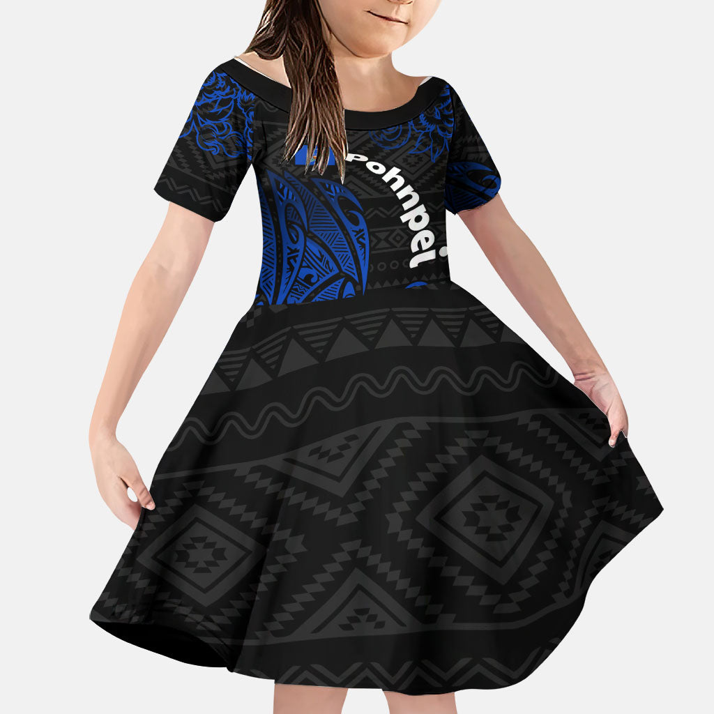 Pohnpei Federated States Of Micronesia Family Matching Summer Maxi Dress and Hawaiian Shirt Polynesian Tribal Heritage Art With Blue Island Tattoo Patterns TS04 Daughter's Dress Black Blue - Polynesian Pride