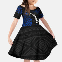 Pohnpei Federated States Of Micronesia Family Matching Summer Maxi Dress and Hawaiian Shirt Polynesian Tribal Heritage Art With Blue Island Tattoo Patterns TS04 Daughter's Dress Black Blue - Polynesian Pride