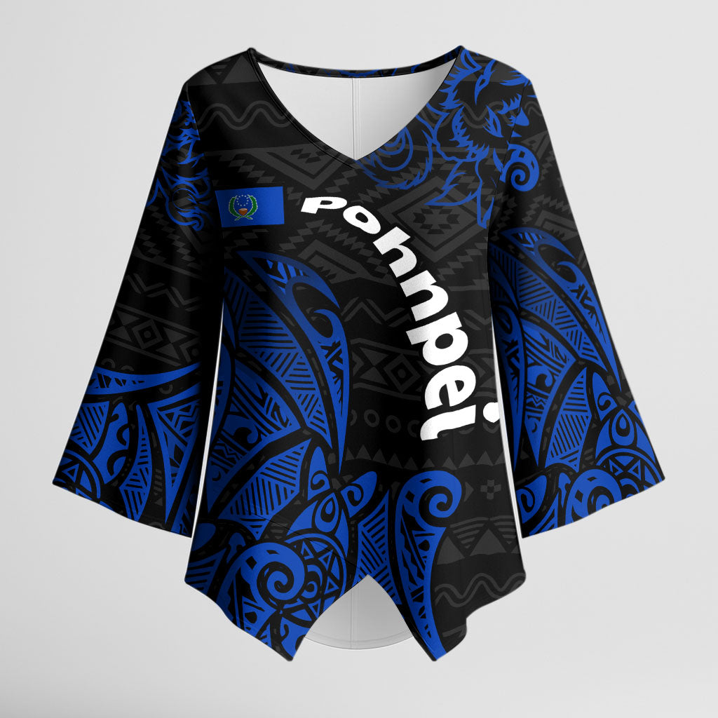 Pohnpei Federated States Of Micronesia Kimono Sleeve Blouse Polynesian Tribal Heritage Art With Blue Island Tattoo Patterns