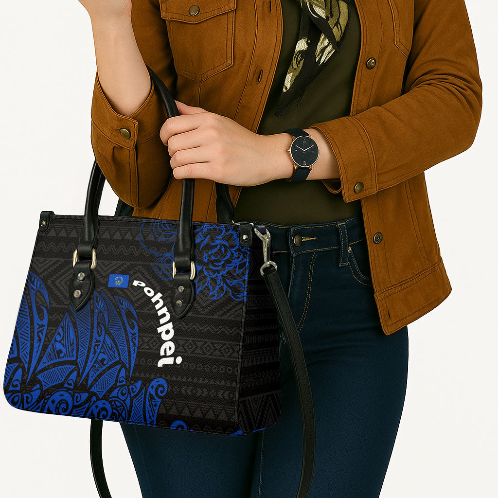Pohnpei Federated States Of Micronesia Leather Bag Polynesian Tribal Heritage Art With Blue Island Tattoo Patterns