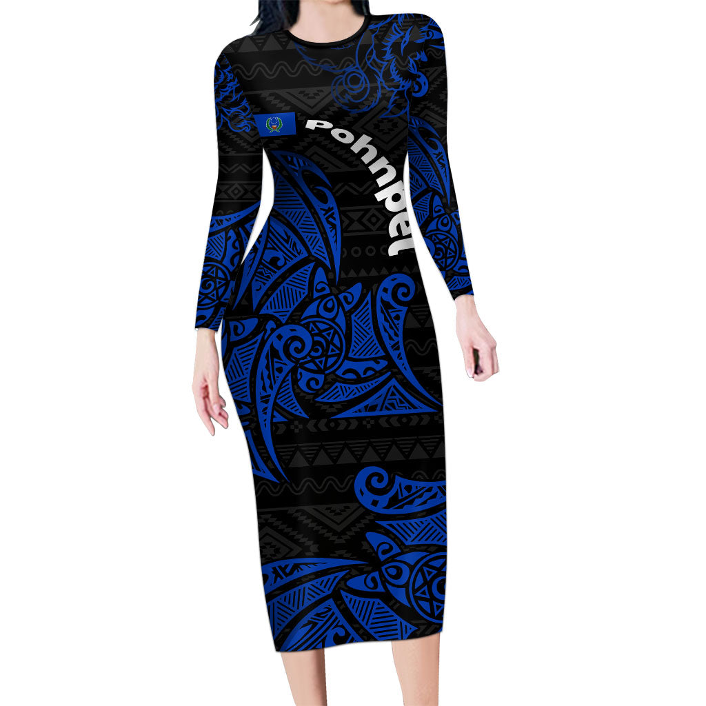 Pohnpei Federated States Of Micronesia Long Sleeve Bodycon Dress Polynesian Tribal Heritage Art With Blue Island Tattoo Patterns