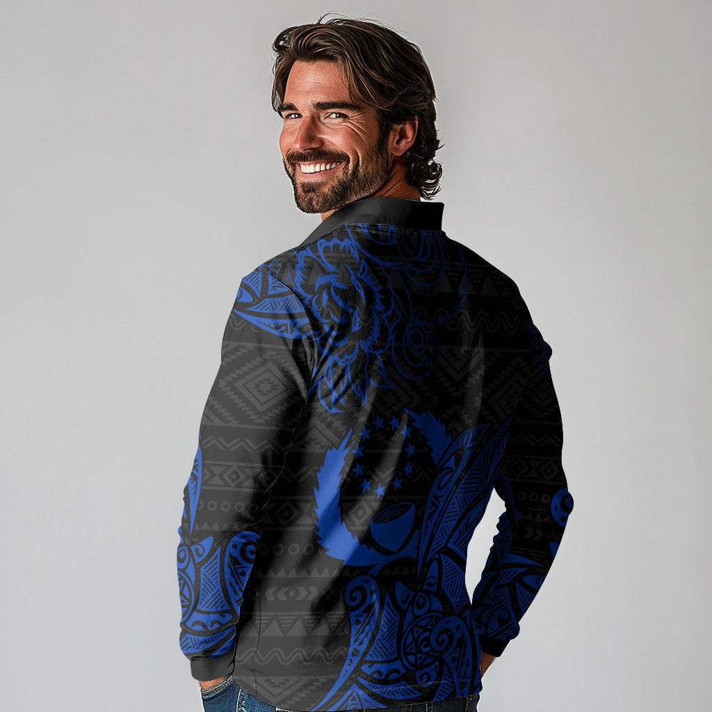 Pohnpei Federated States Of Micronesia Long Sleeve Polo Shirt Polynesian Tribal Heritage Art With Blue Island Tattoo Patterns