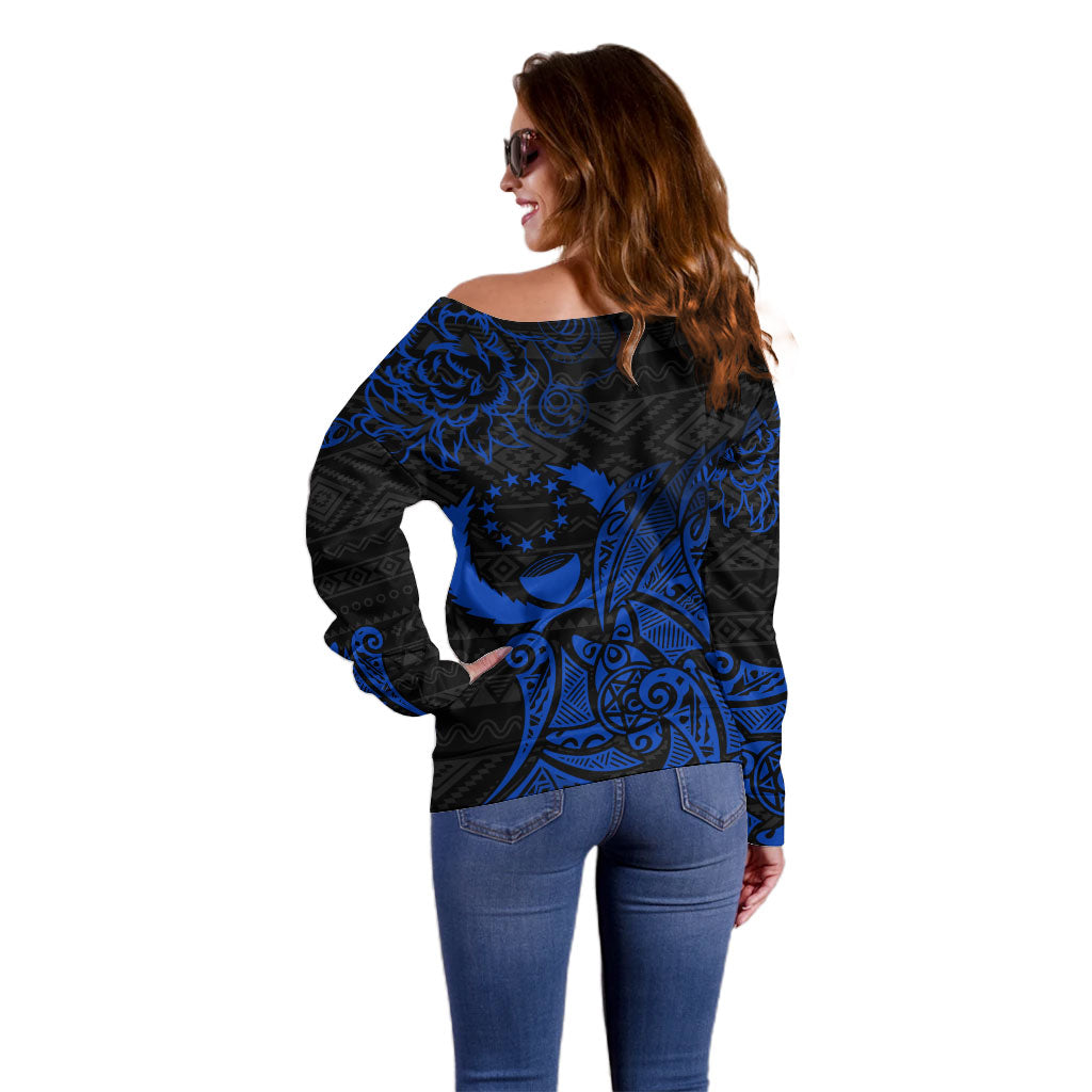Pohnpei Federated States Of Micronesia Off Shoulder Sweater Polynesian Tribal Heritage Art With Blue Island Tattoo Patterns