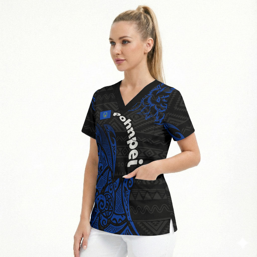 Pohnpei Federated States Of Micronesia Scrub Top Polynesian Tribal Heritage Art With Blue Island Tattoo Patterns
