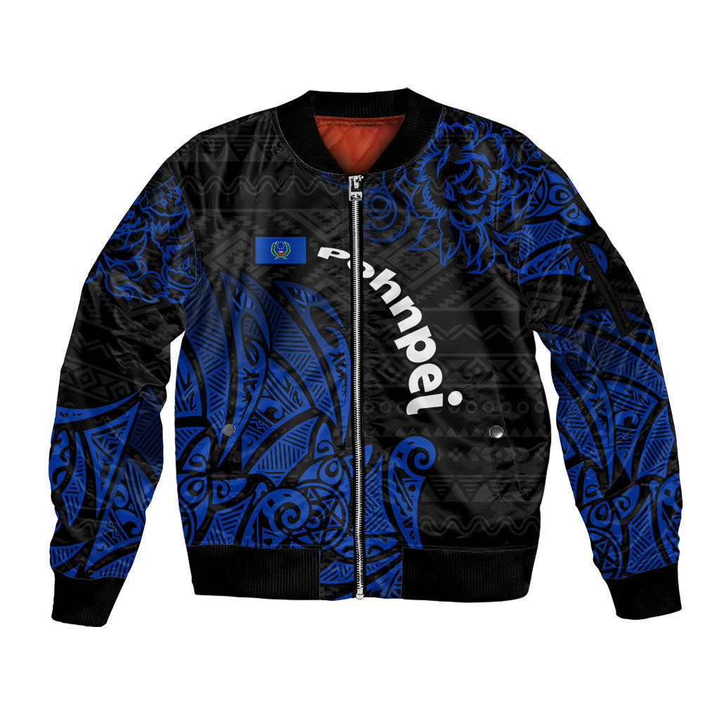 Pohnpei Federated States Of Micronesia Sleeve Zip Bomber Jacket Polynesian Tribal Heritage Art With Blue Island Tattoo Patterns