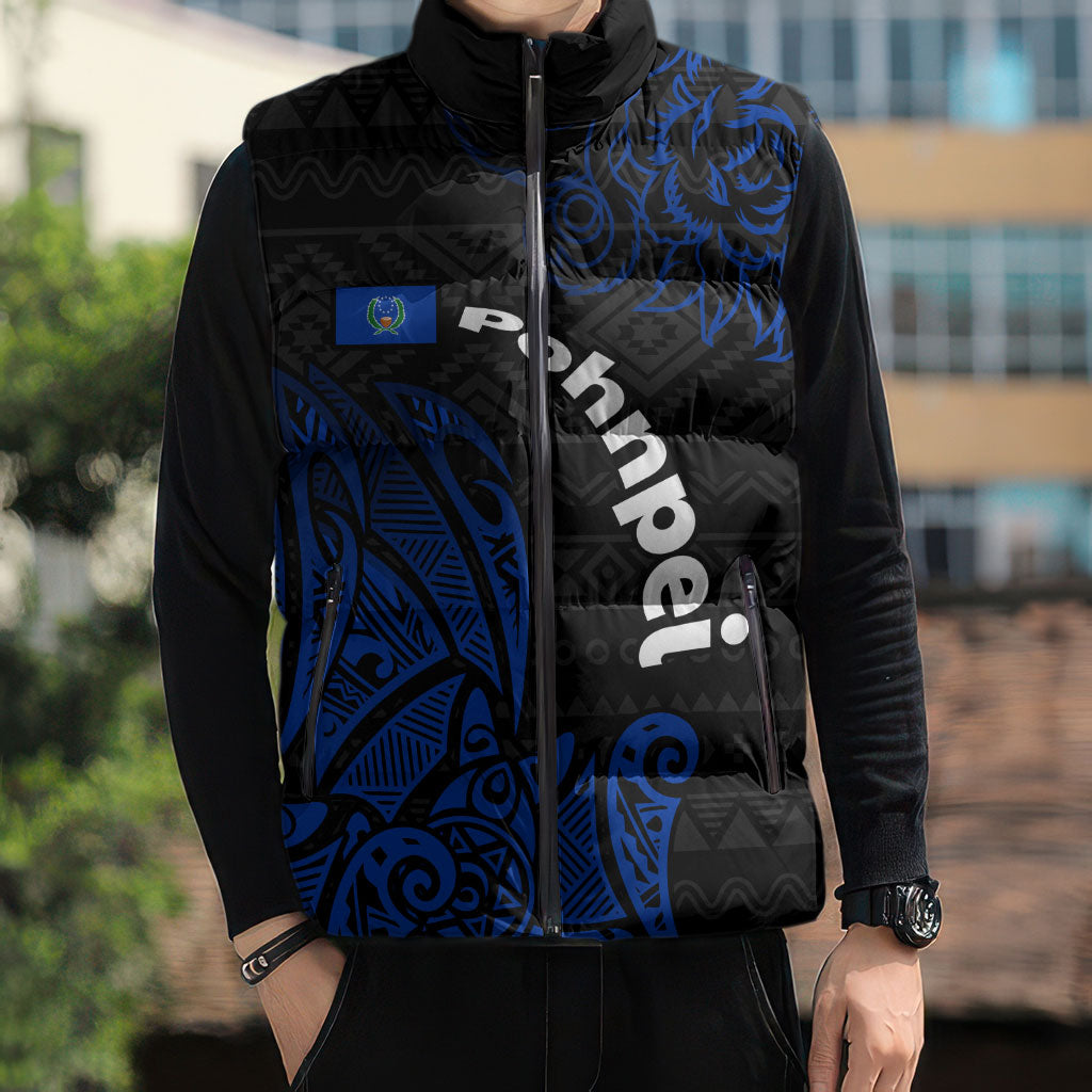 Pohnpei Federated States Of Micronesia Sleeveless Puffer Jacket Polynesian Tribal Heritage Art With Blue Island Tattoo Patterns