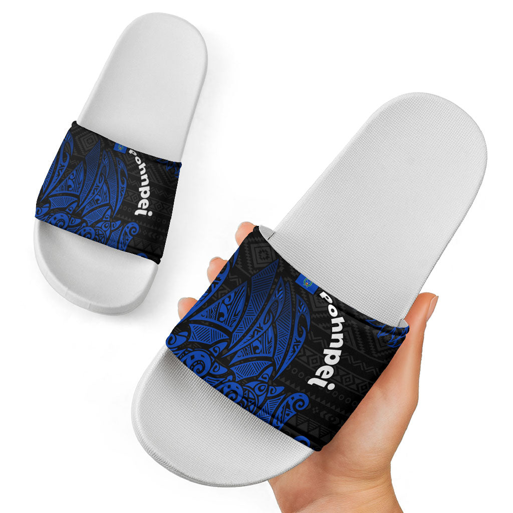 Pohnpei Federated States Of Micronesia Slide Sandals Polynesian Tribal Heritage Art With Blue Island Tattoo Patterns