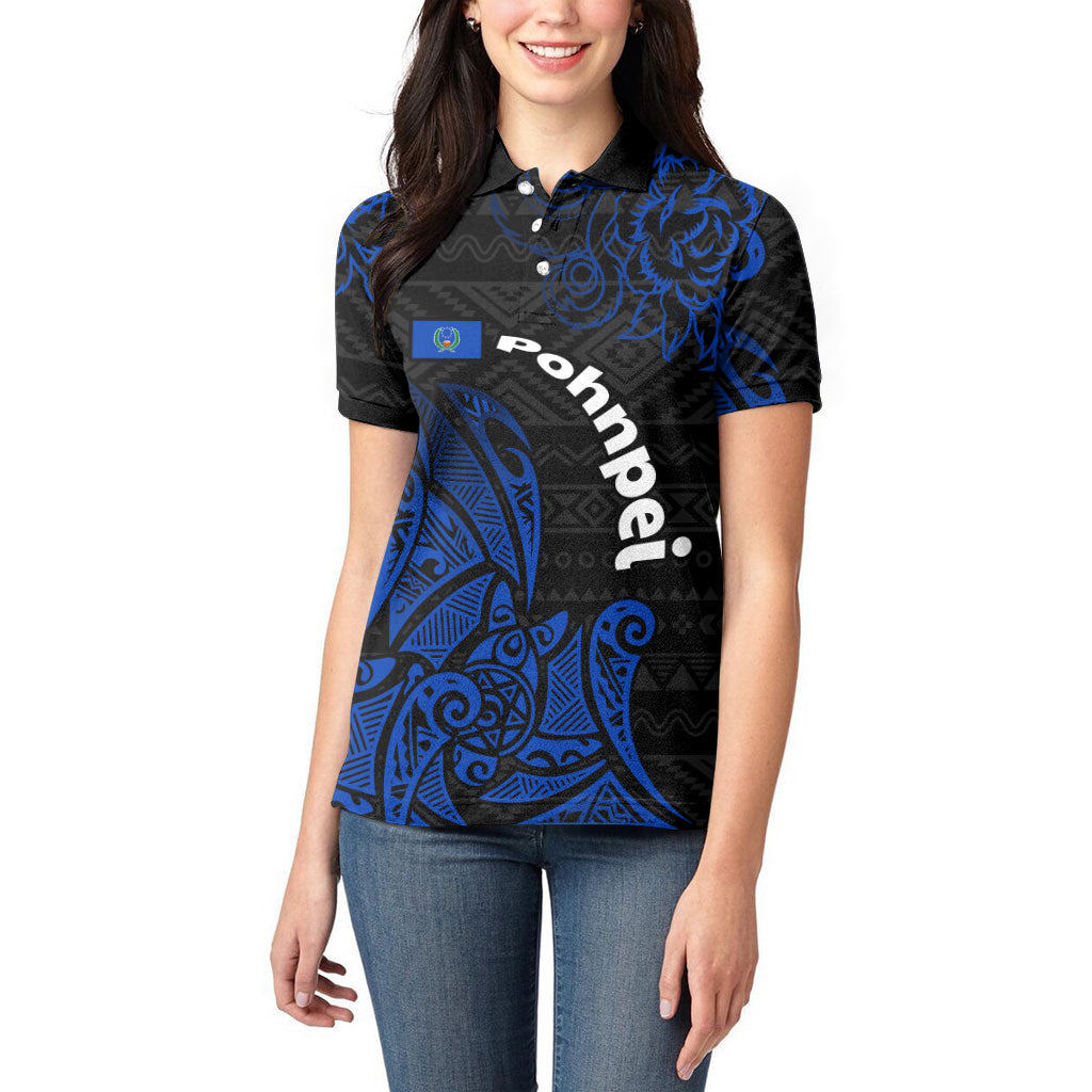 Pohnpei Federated States Of Micronesia Women Polo Shirt Polynesian Tribal Heritage Art With Blue Island Tattoo Patterns