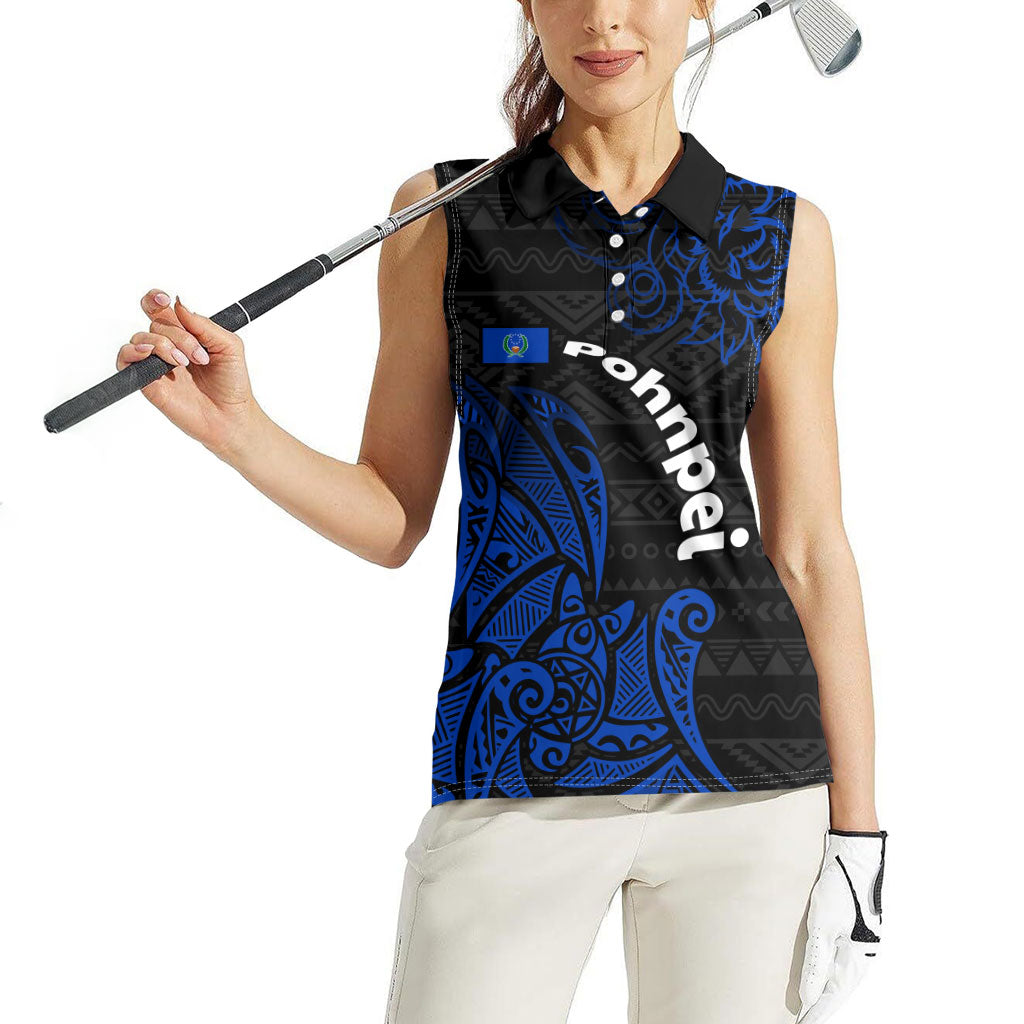 Pohnpei Federated States Of Micronesia Women Sleeveless Polo Shirt Polynesian Tribal Heritage Art With Blue Island Tattoo Patterns TS04 - Polynesian Pride