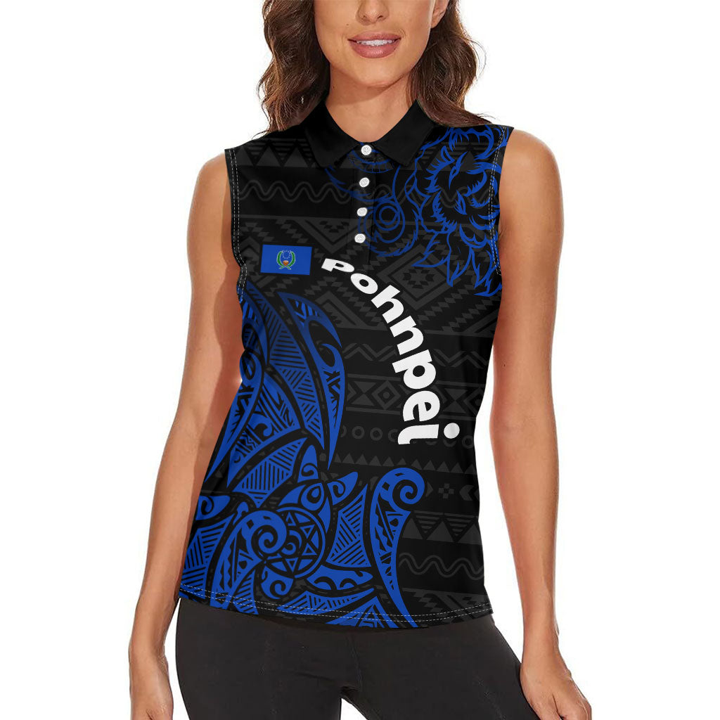 Pohnpei Federated States Of Micronesia Women Sleeveless Polo Shirt Polynesian Tribal Heritage Art With Blue Island Tattoo Patterns TS04 - Polynesian Pride