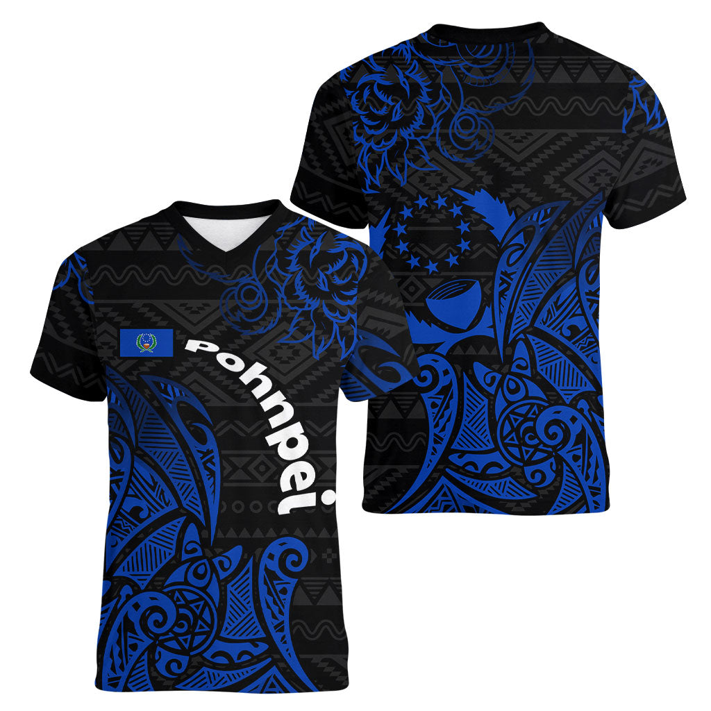 Pohnpei Federated States Of Micronesia Women V-Neck T-Shirt Polynesian Tribal Heritage Art With Blue Island Tattoo Patterns TS04 - Polynesian Pride