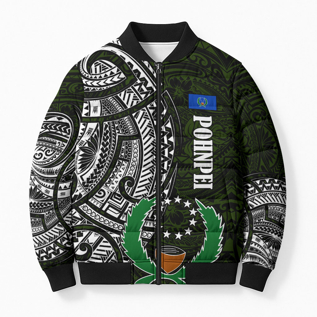 Pohnpei Federated States Of Micronesia Bomber Puffer Jacket Polynesian Tribal Heritage Art With Kaselehlie State Seal