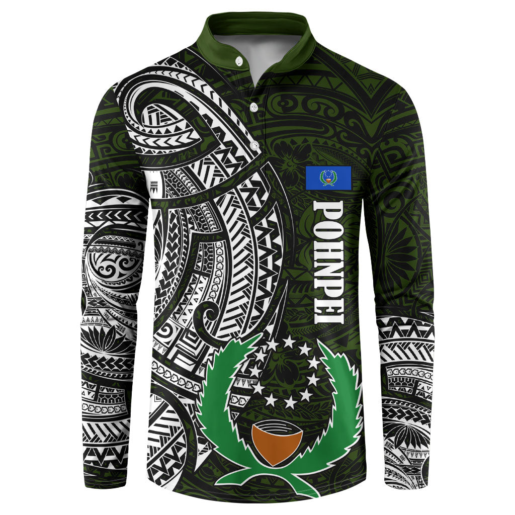 Pohnpei Federated States Of Micronesia Button Sweatshirt Polynesian Tribal Heritage Art With Kaselehlie State Seal TS04 Green White - Polynesian Pride
