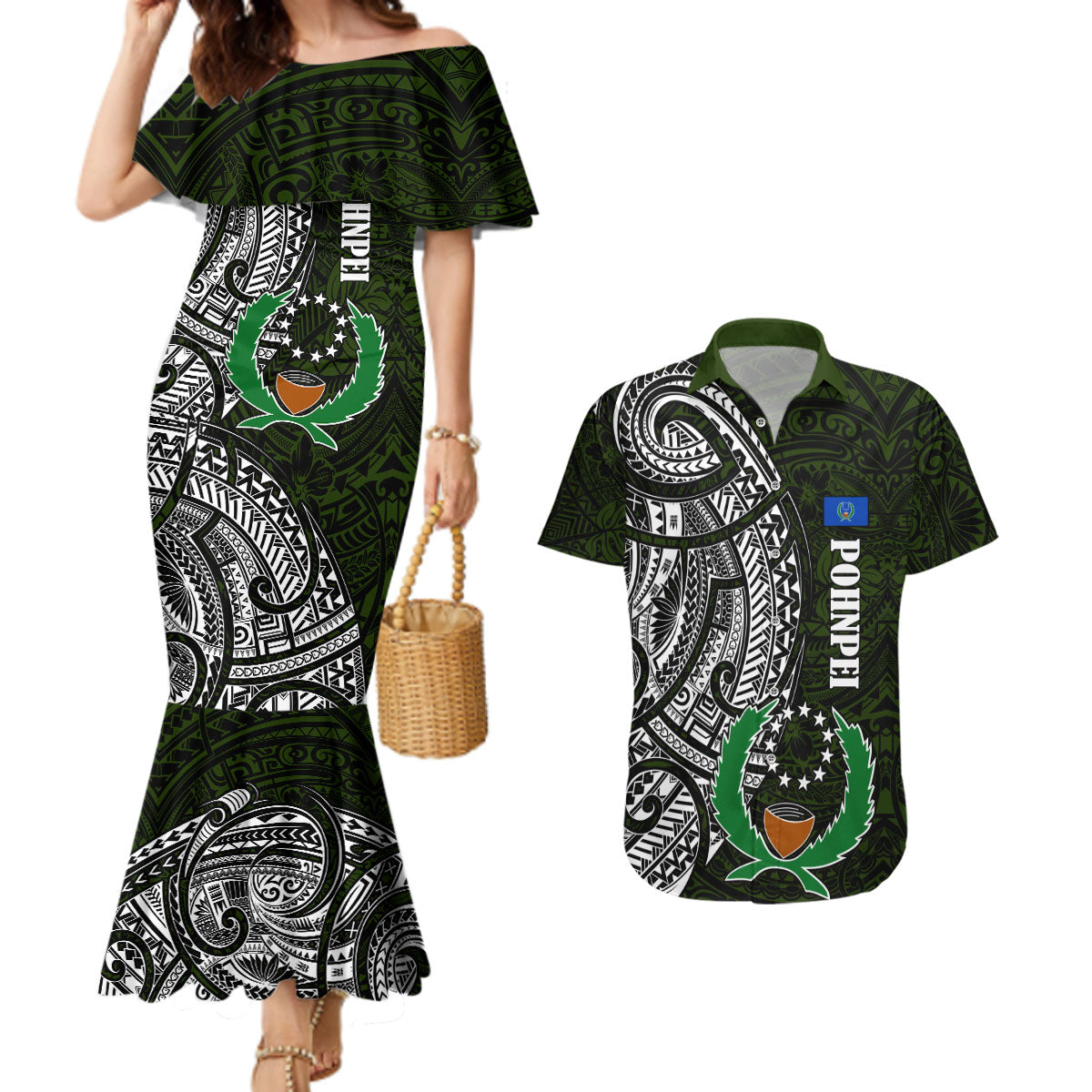 Pohnpei Federated States Of Micronesia Couples Matching Mermaid Dress and Hawaiian Shirt Polynesian Tribal Heritage Art With Kaselehlie State Seal
