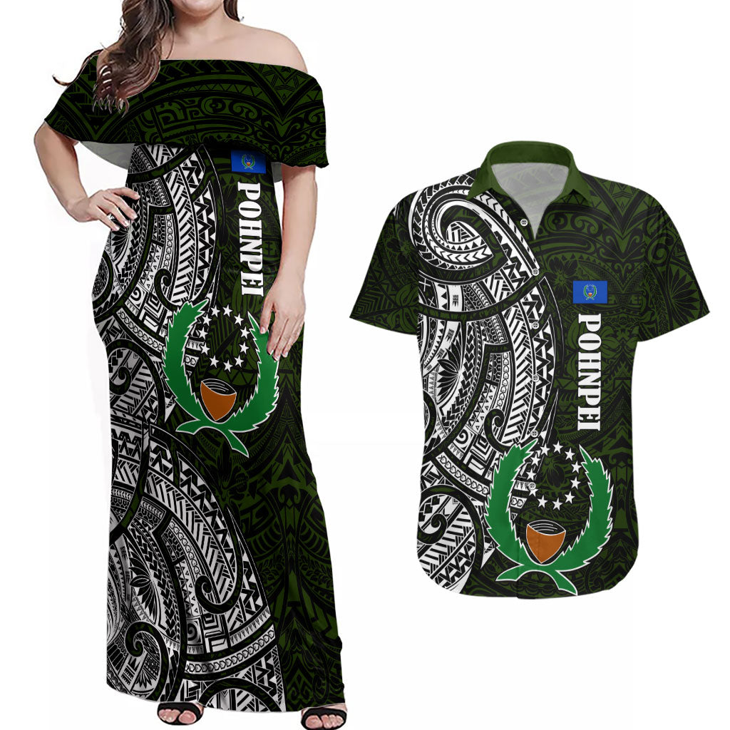 Pohnpei Federated States Of Micronesia Couples Matching Off Shoulder Maxi Dress and Hawaiian Shirt Polynesian Tribal Heritage Art With Kaselehlie State Seal