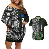 Pohnpei Federated States Of Micronesia Couples Matching Off Shoulder Short Dress and Hawaiian Shirt Polynesian Tribal Heritage Art With Kaselehlie State Seal TS04 Green White - Polynesian Pride