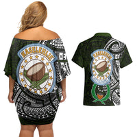 Pohnpei Federated States Of Micronesia Couples Matching Off Shoulder Short Dress and Hawaiian Shirt Polynesian Tribal Heritage Art With Kaselehlie State Seal TS04 - Polynesian Pride