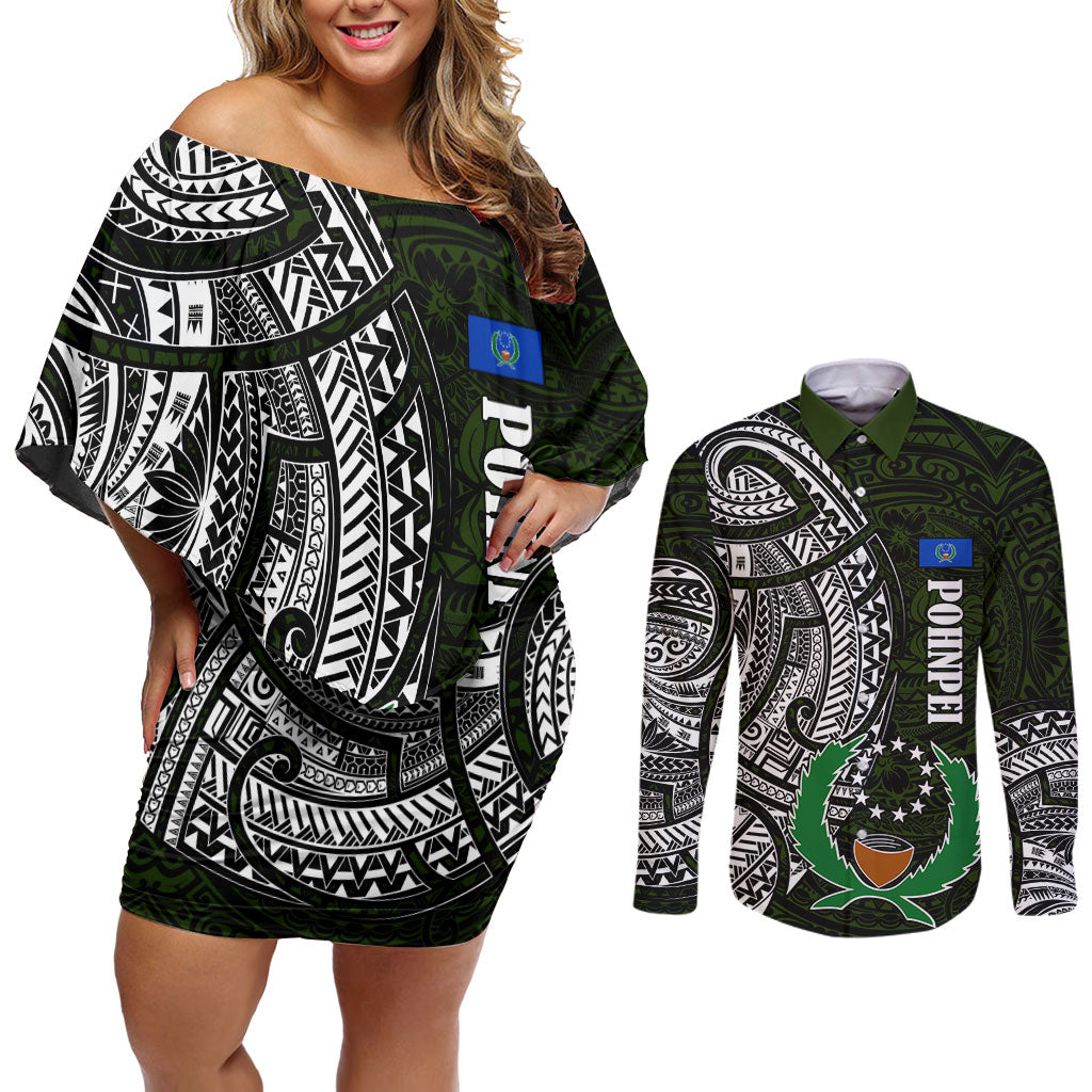 Pohnpei Federated States Of Micronesia Couples Matching Off Shoulder Short Dress and Long Sleeve Button Shirt Polynesian Tribal Heritage Art With Kaselehlie State Seal