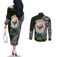 Pohnpei Federated States Of Micronesia Couples Matching Off The Shoulder Long Sleeve Dress and Long Sleeve Button Shirt Polynesian Tribal Heritage Art With Kaselehlie State Seal