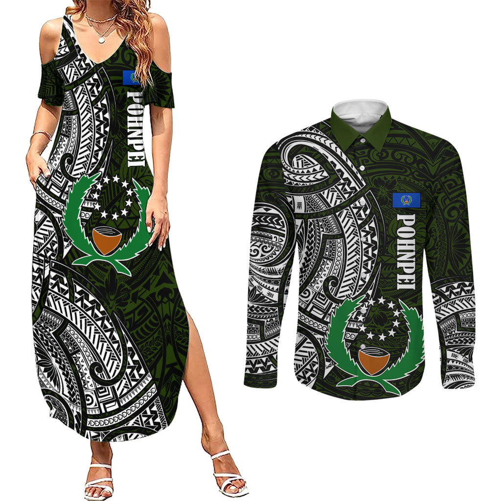 Pohnpei Federated States Of Micronesia Couples Matching Summer Maxi Dress and Long Sleeve Button Shirt Polynesian Tribal Heritage Art With Kaselehlie State Seal