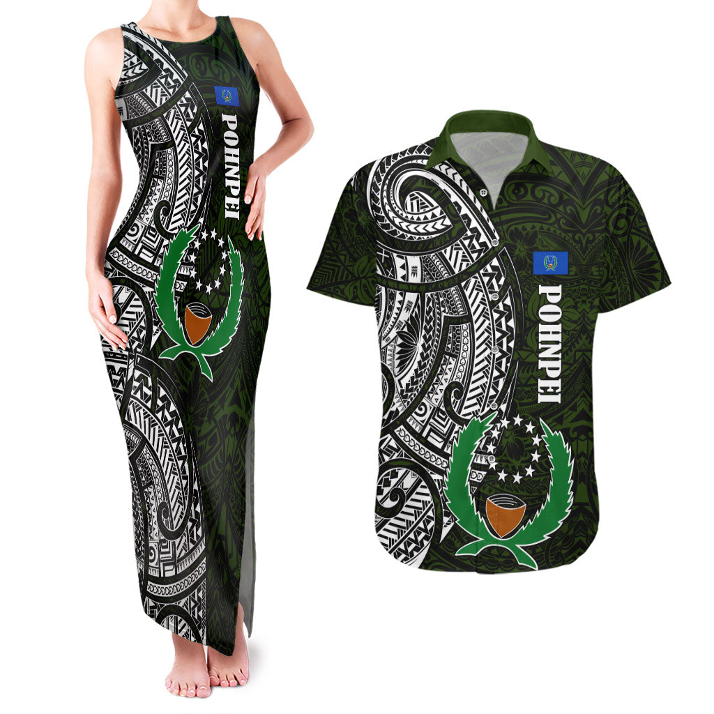 Pohnpei Federated States Of Micronesia Couples Matching Tank Maxi Dress and Hawaiian Shirt Polynesian Tribal Heritage Art With Kaselehlie State Seal