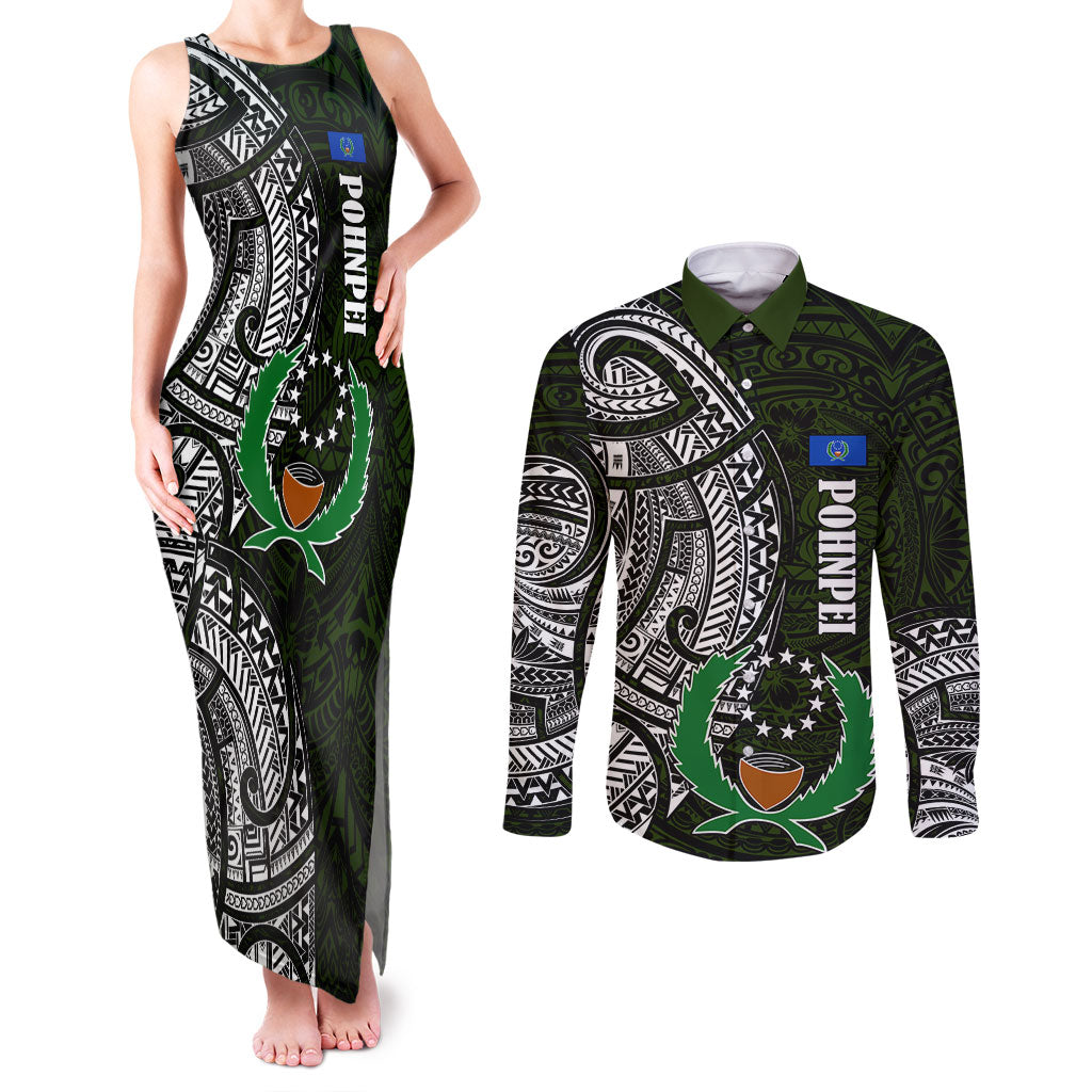 Pohnpei Federated States Of Micronesia Couples Matching Tank Maxi Dress and Long Sleeve Button Shirt Polynesian Tribal Heritage Art With Kaselehlie State Seal TS04 Green White - Polynesian Pride