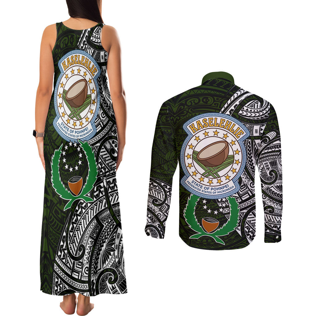Pohnpei Federated States Of Micronesia Couples Matching Tank Maxi Dress and Long Sleeve Button Shirt Polynesian Tribal Heritage Art With Kaselehlie State Seal