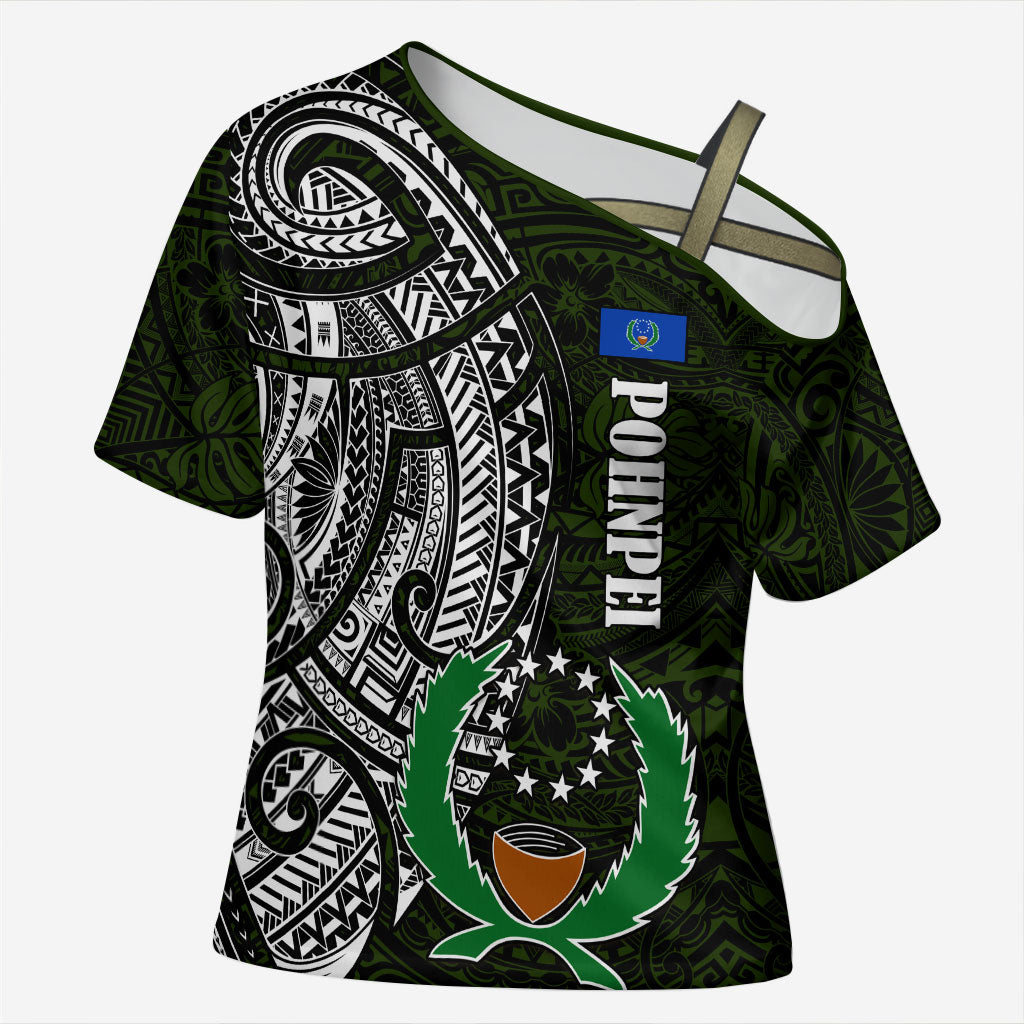Pohnpei Federated States Of Micronesia Cross Shoulder Shirt Polynesian Tribal Heritage Art With Kaselehlie State Seal TS04 Female Green White - Polynesian Pride